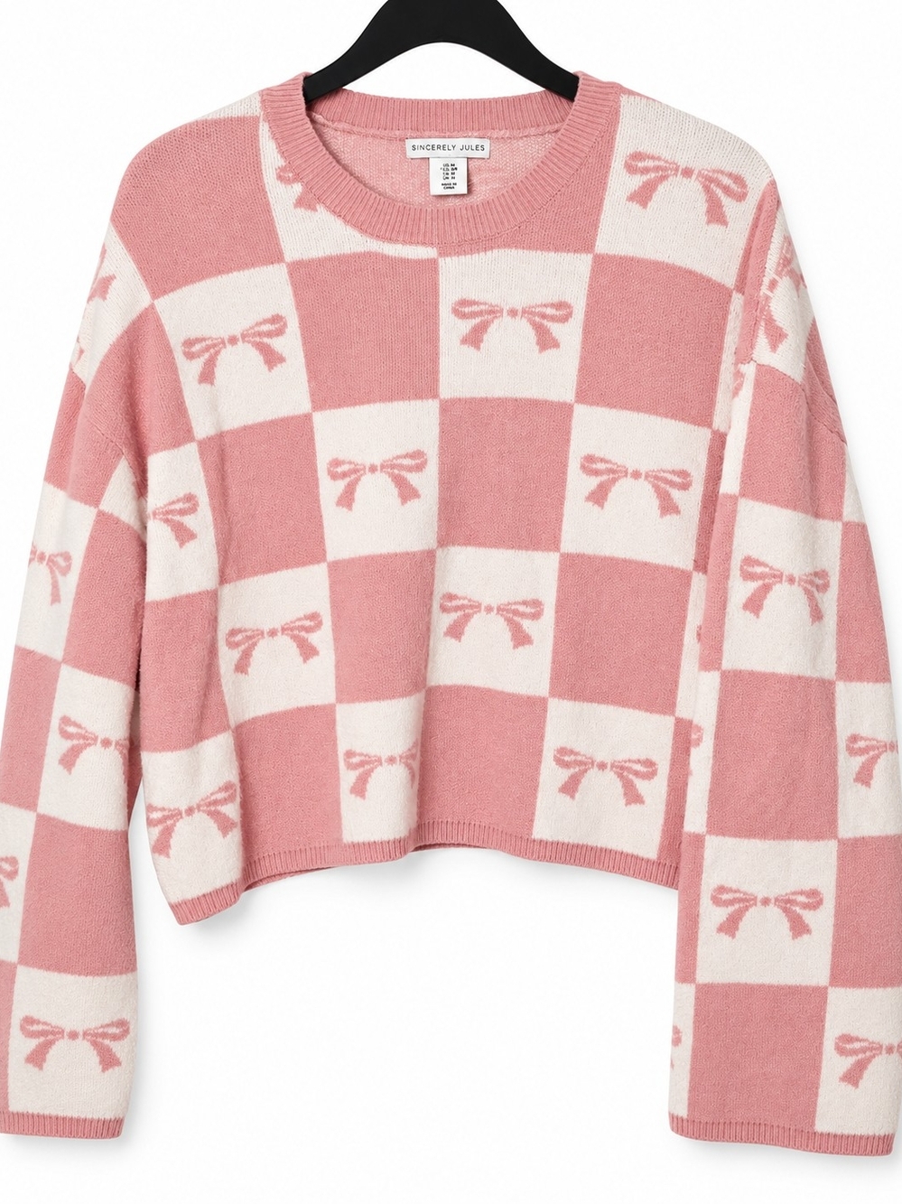Sincerely Jules Pink and White Checkered Bow Sweater Medium Girlhood Coquette